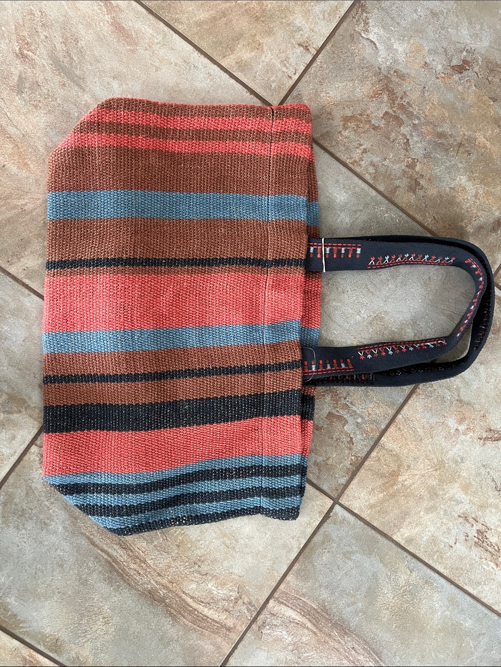 Free People Striped Woven Duffel Bag - Coral, Blue & Brown
